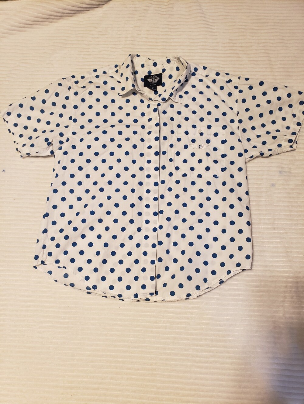 Dockers Vintage White Short Sleeve Button-Up Shirt Blue Polka Dots Petite S